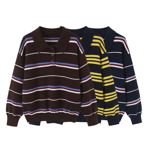 Damen Gestreifter Strickpolopullover mit kurzer Knopfleiste und Rippbündchen Echoarchiv