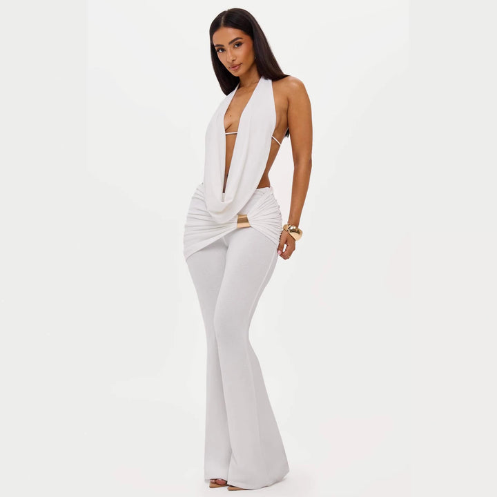 Damen Eleganter Jumpsuit mit doppeltem Kragen und trendiger Raffung Echo Archiv