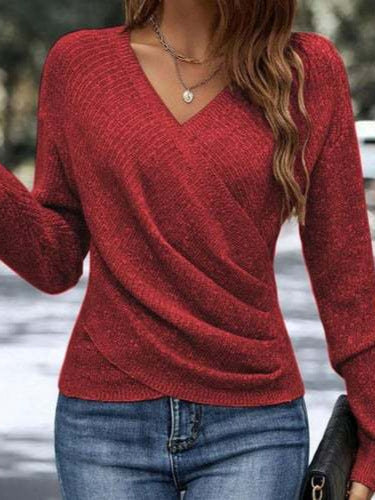 Damen nan figurbetonter Wickel-Strickpullover mit V-Ausschnitt und feiner Rippenstruktur Echo Archiv