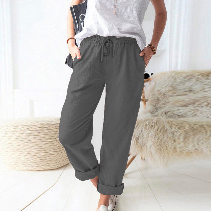 Damen Lockere Leinenoptik-Hose mit Elastischem Bund, Kordelzug und Aufgeschlagenem Saum – Avélisse