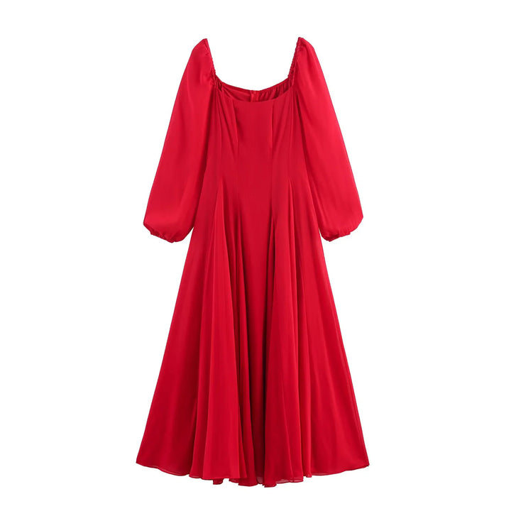 Damen langes Abendkleid mit ausgestelltem Rock, voluminösen Ballonärmeln und quadratischem Ausschnitt – Valéora