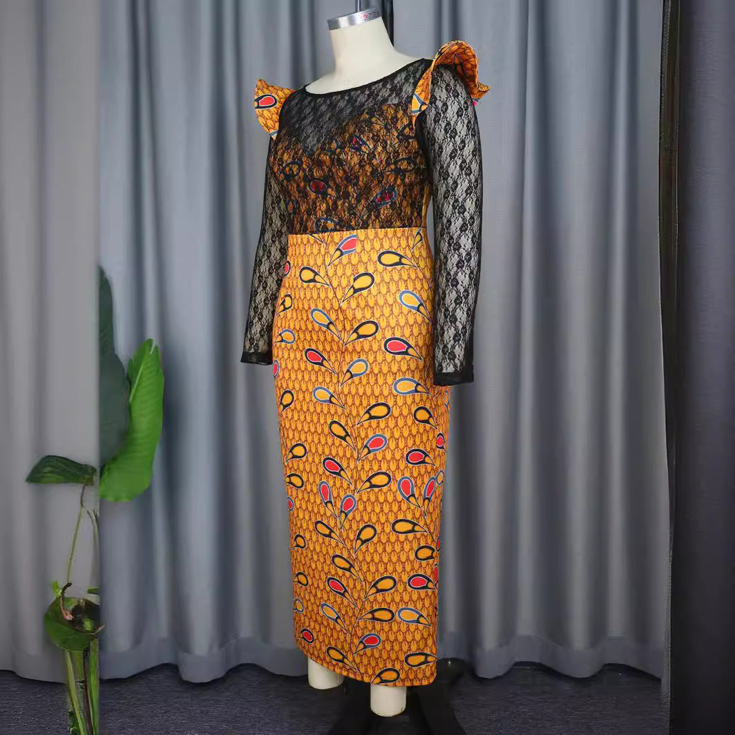 Damen Elegantes Langarmkleid mit floralem Muster und transparenter Spitzeneinlage Echo Archiv