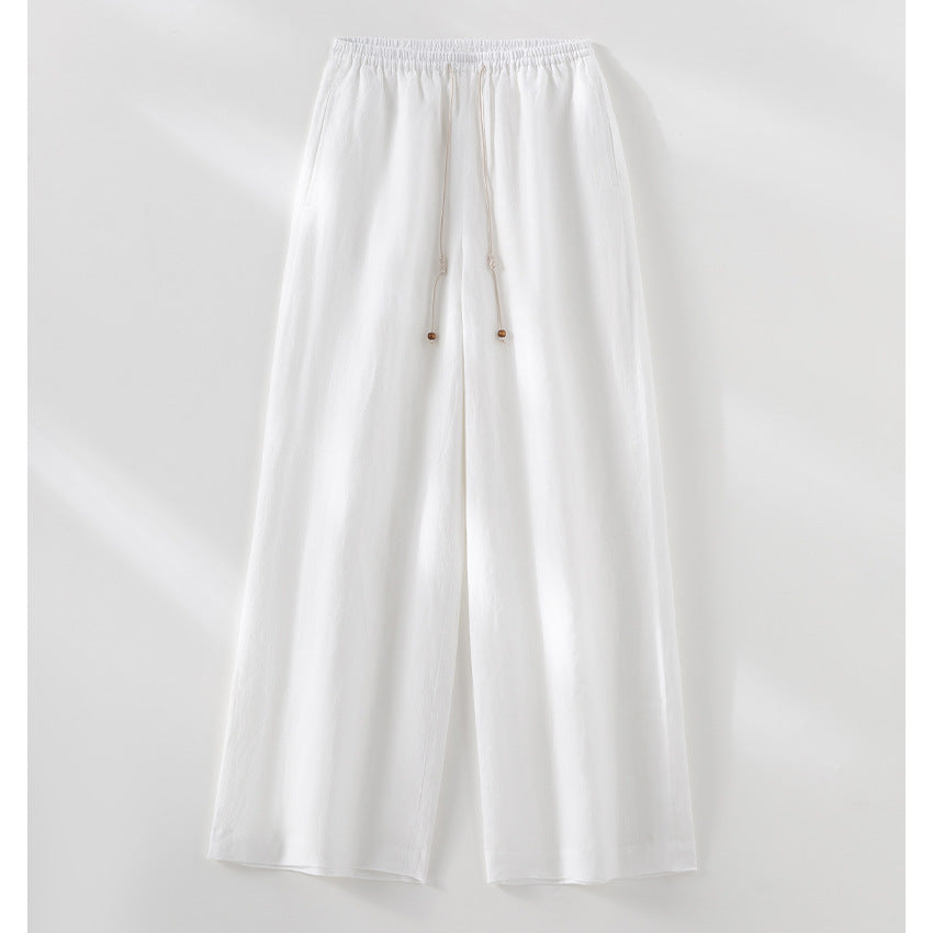 Damen Leichte Hochbund-Loungehose aus Leinenmix mit Tunnelzug und Nadelstreifen-Optik Echoarchiv
