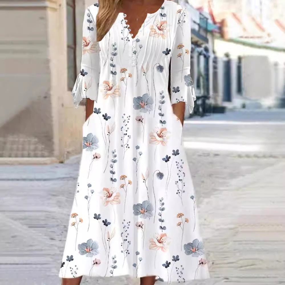 Damen nan fließendes Midikleid mit V‑Ausschnitt, Zierknopfleiste, Brustbiesen, Schleifenärmeln und Eingrifftaschen Echo Archiv