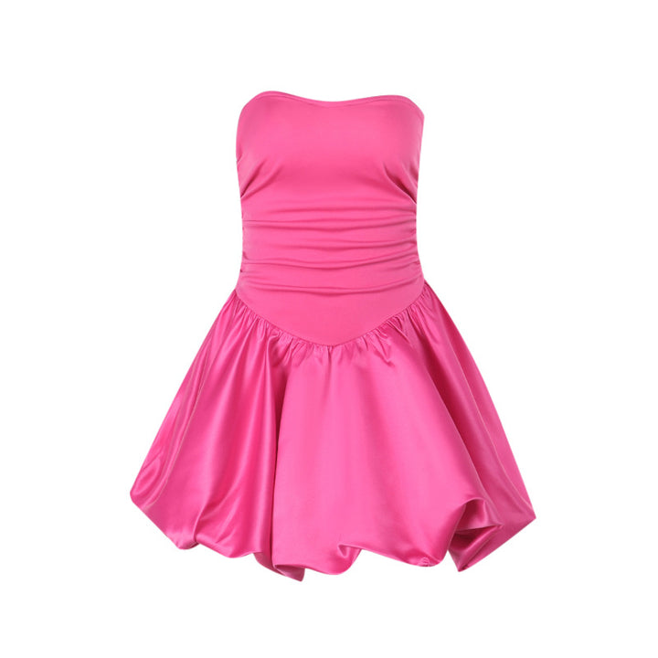 Damen kurzes A-Linien Kleid mit schulterfreiem Design und glatter Satin-Oberfläche Echo Archiv
