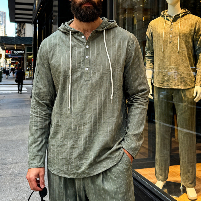 Herren nan Kapuzenshirt aus Leinenmix mit halber Knopfleiste und Nadelstreifen Echo Archiv