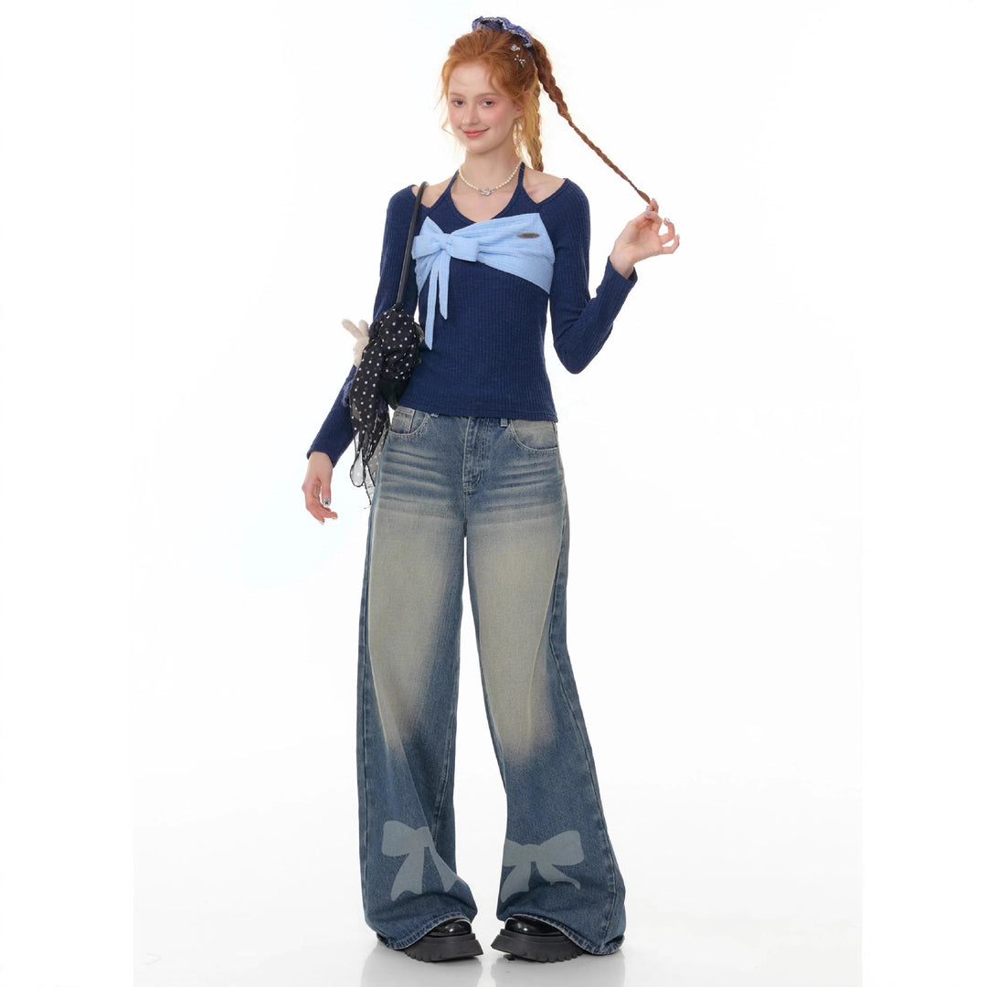 Damen nan hochtaillierte Palazzohose aus Denim mit extra weitem Bein und Schleifenprint Echo Archiv