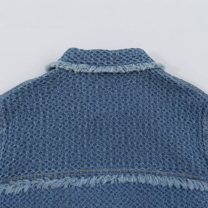 Damen Kurzjacke aus strukturiertem Denim mit Fransenbesatz und Pattentaschen Echoarchiv