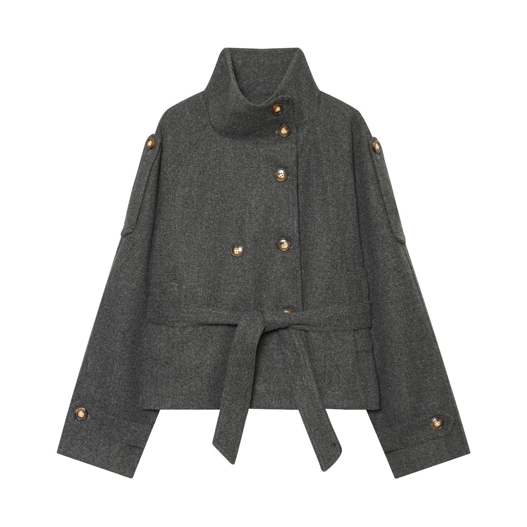 Damen Kurzer Wollcape-Mantel mit doppelreihiger Knopfleiste, hohem Stehkragen und Taillengürtel Echo Archiv