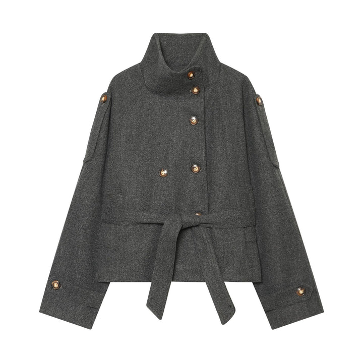 Damen Kurzer Wollcape-Mantel mit doppelreihiger Knopfleiste, hohem Stehkragen und Taillengürtel Echo Archiv