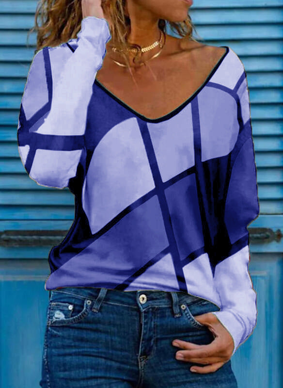 Damen Loose V-Ausschnitt Langarmshirt mit geometrischem Blockdruck und Oversized Passform – Avérine