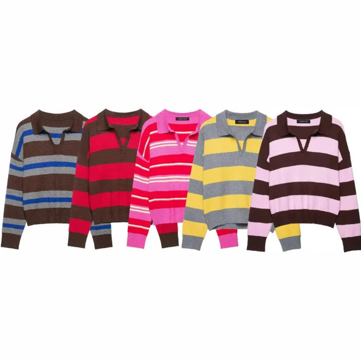 Damen Cropped Rugby-Strickpullover mit Kentkragen und V‑Ausschnitt Echo Archiv