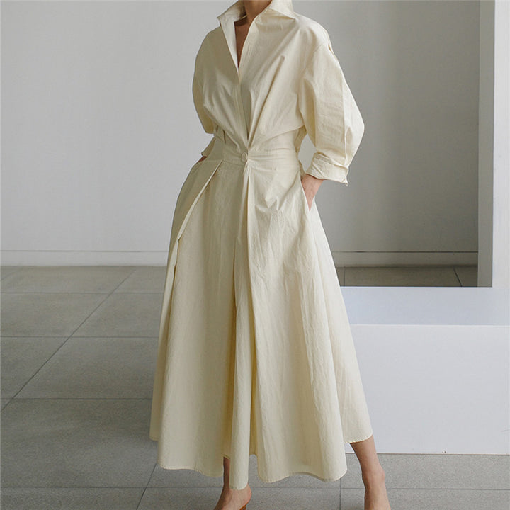 Damen Midaxi-Hemdblusenkleid mit tailliertem Drapé und weitem Tellerrock Echoarchiv