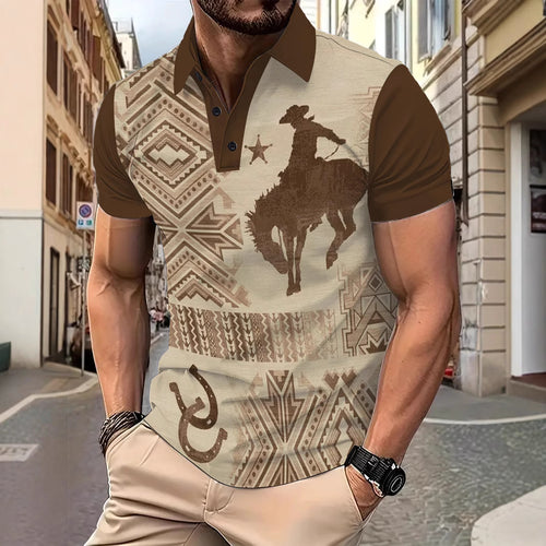 Herren Poloshirt mit künstlerischem Cowboy-Motiv und einzigartigem geometrischen Design Echoarchiv