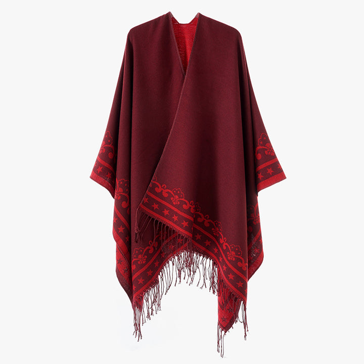 Damen Überwurfponcho aus Wollmix mit dezentem Jacquardbordüren‑Muster und Fransensaum – Montévia