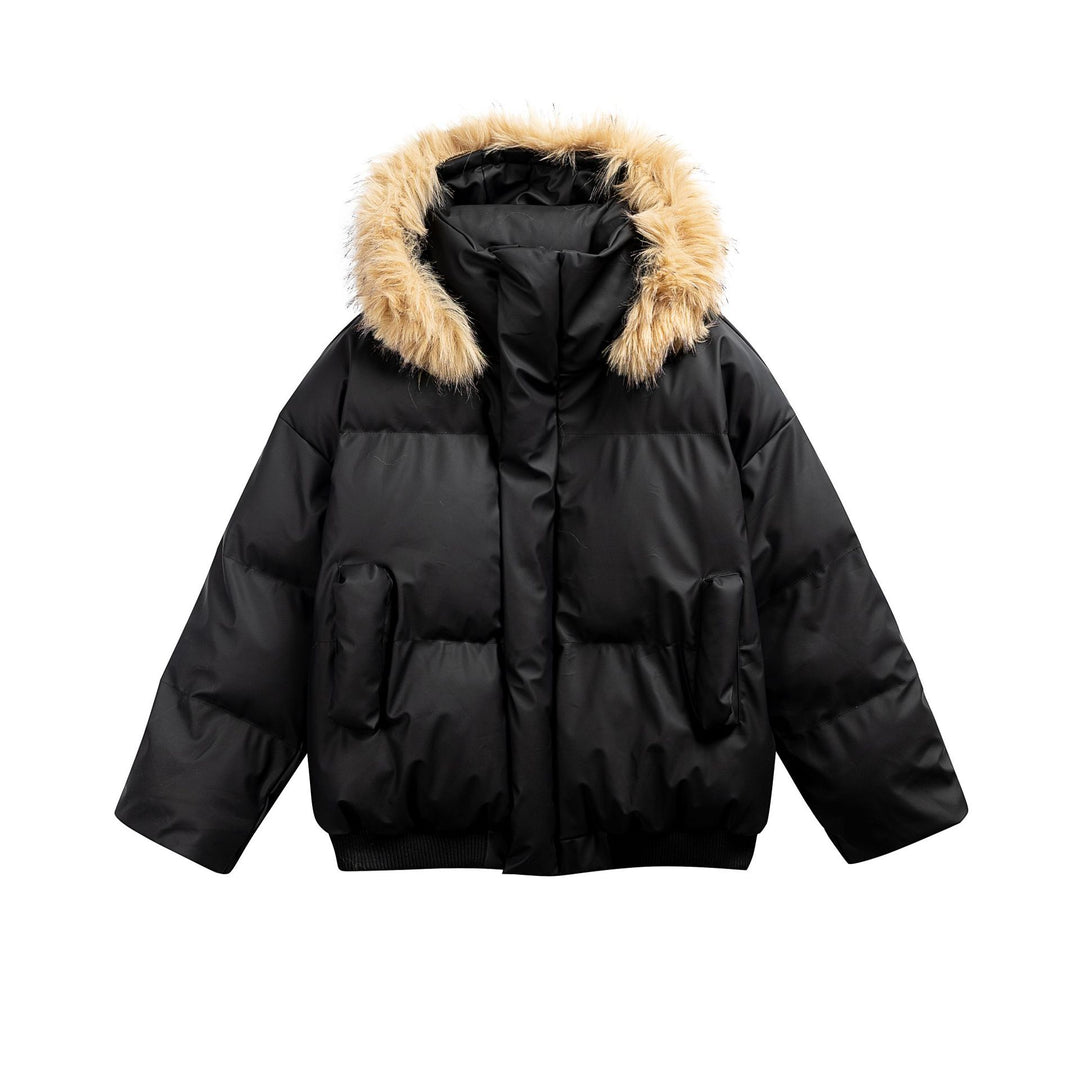 Damen Wattierte Kurzsteppjacke mit Kunstfellkapuze und geripptem Saum Echoarchiv