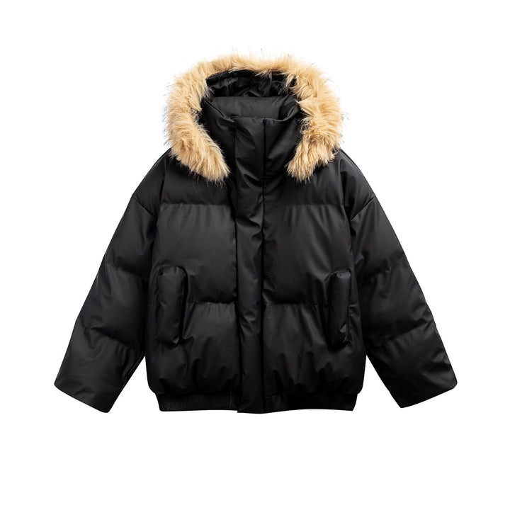 Damen Wattierte Kurzsteppjacke mit Kunstfellkapuze und geripptem Saum Echoarchiv