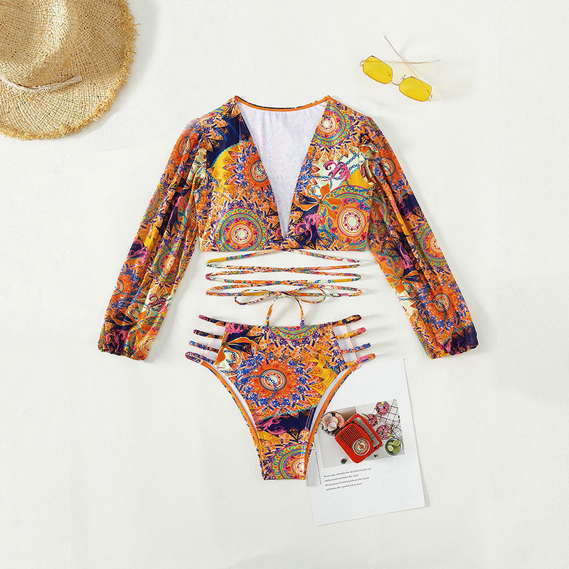 Damen Bikiniset mit langärmeliger Bluse und modischen Schnürdetails Echo Archiv