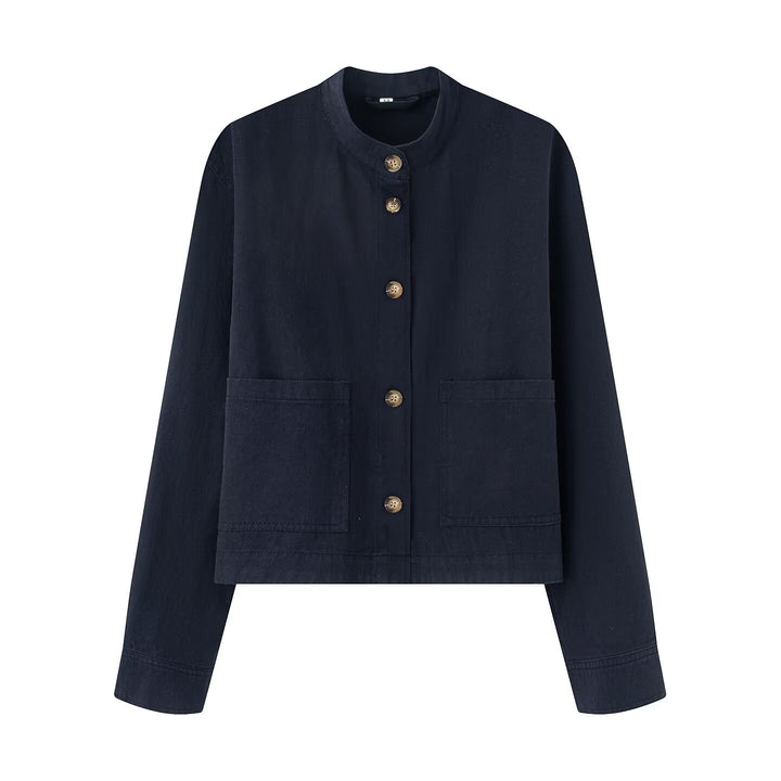 Damen Kurzjacke mit Stehkragen, Boxy‑Cropped Silhouette und aufgesetzten Taschen Echoarchiv