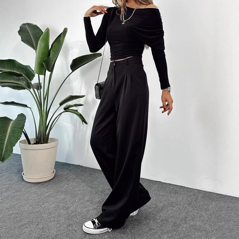 Damen Hochtaillierte weite Plissee-Hose mit weitem Bein – Avérine