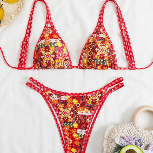 Damen Triangel-Bikini-Set mit verstellbaren Trägern und floralem Muster Echo Archiv