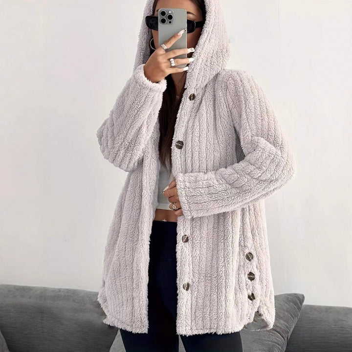 Damen Kapuzen-Teddy-Mantel mit Knopfleiste und Oversize-Schnitt Echo Archiv