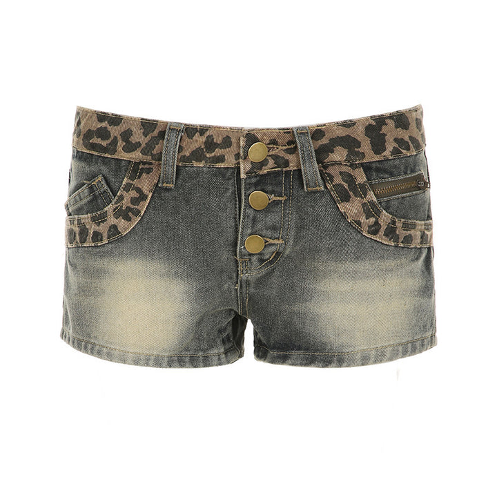 Damen Kurze Jeansshorts mit Leopardenmuster und gerafftem Bund Echo Archiv