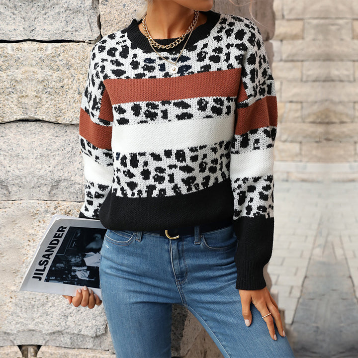 Damen Feinstrickpullover mit Animalprint‑Blockstreifen und geripptem Saum Echoarchiv