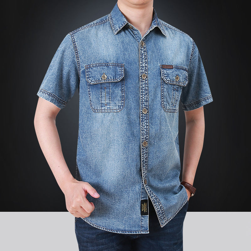 Herren kurzärmeliges Denim-Hemd mit aufgesetzten Taschen Echoarchiv