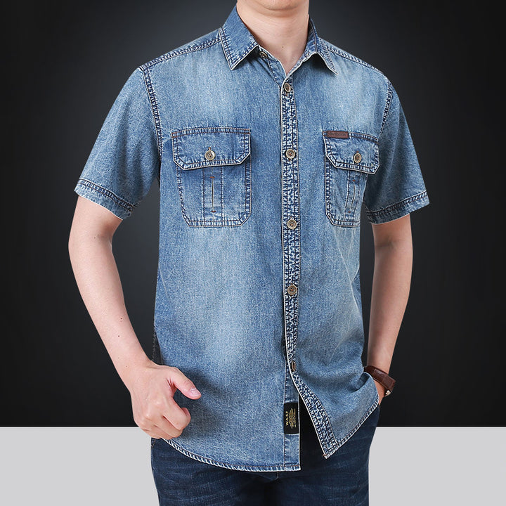 Herren kurzärmeliges Denim-Hemd mit aufgesetzten Taschen Echoarchiv