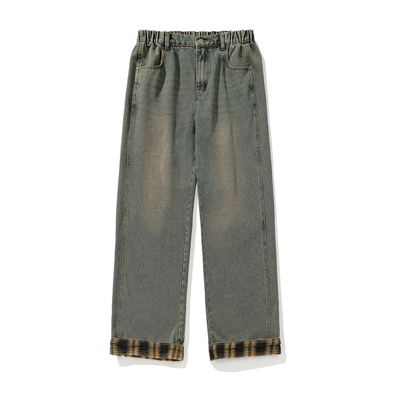 Damen Weite Denim-Palazzo-Hose mit elastischem Rüschbund und karierter Umschlagkante Echo Archiv
