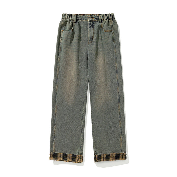 Damen Weite Denim-Palazzo-Hose mit elastischem Rüschbund und karierter Umschlagkante Echo Archiv