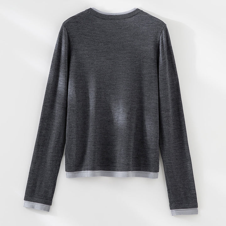 Damen Leichter Feinstrick-Langarmpullover mit Kontrastbündchen und Rundhalsausschnitt Echoarchiv