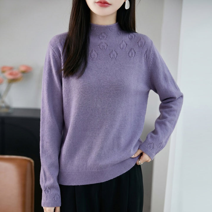 Damen Leichter Stehkragenpullover mit floralem Ajour‑Yoke und feiner Rippkante Echoarchiv
