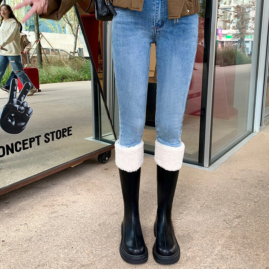 Damen Kniehohe Stiefel mit Teddyfutter-Bündchen und geformter Plateau-Sohle Echo Archiv