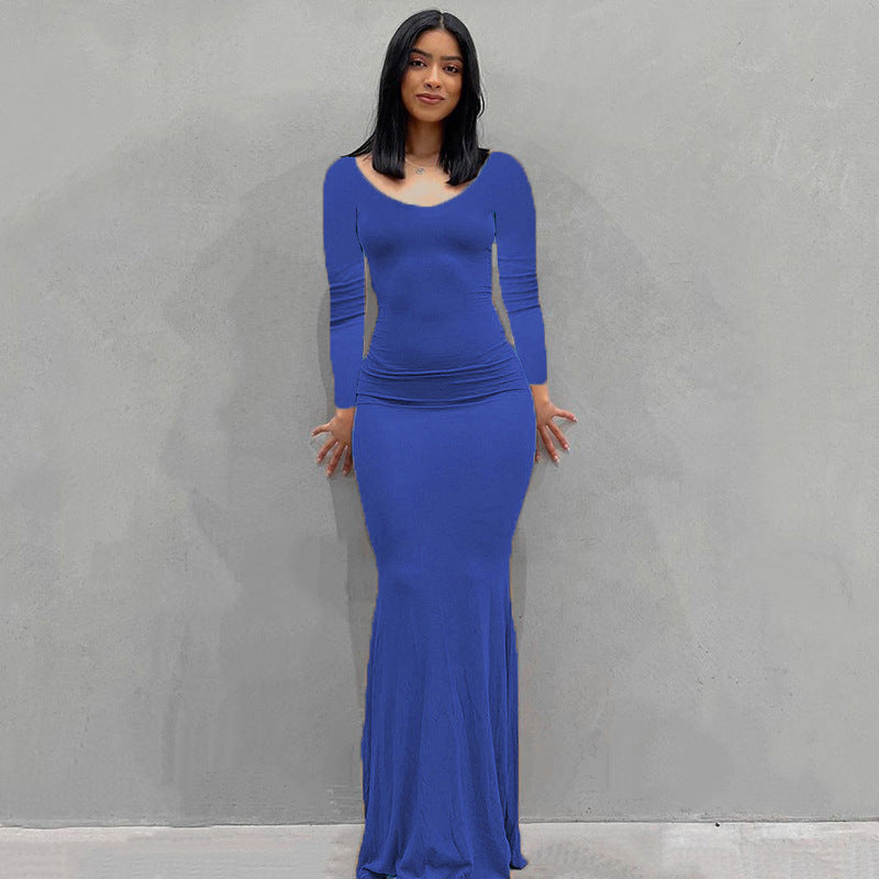 Damen Körperbetontes Maxi‑Jerseykleid mit taillierter Drapierung, langen Ärmeln und ausgestelltem Saum – Valéora