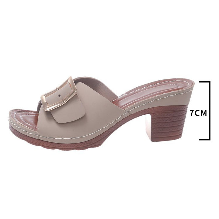 Damen Offene Slip-On Mules mit mittelhohem Blockabsatz und großer Zierschnalle Echo Archiv