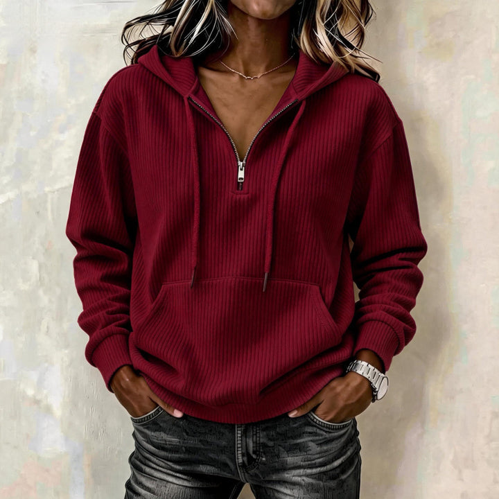 Damen lässiger Oversize Rippstrick-Kapuzenpullover mit halbem Reißverschluss Echoarchiv