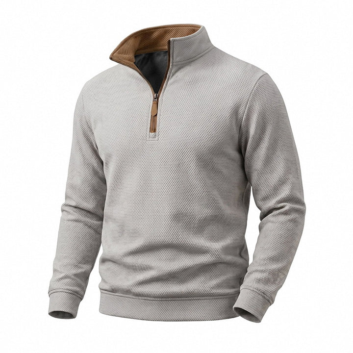 Herren Waffelstruktur-Halbzip-Sweatshirt mit Stehkragen, Kontrastfutter und Lederzipper Echoarchiv