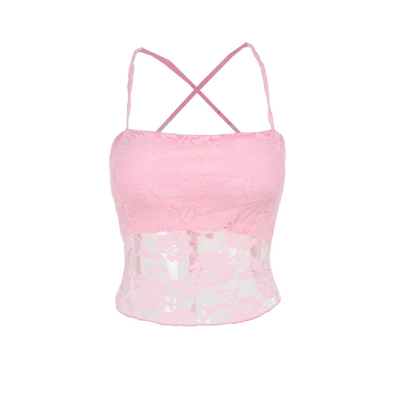 Damen Spitzen-Crop-Top mit verstellbaren Spaghetti-Trägern und floralem Muster Echo Archiv