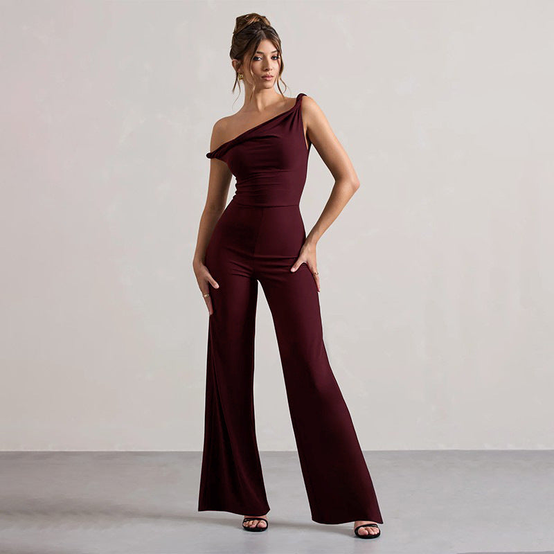 Damen schulterfreier Jumpsuit mit weitem Bein und elastischem Oberteil Echo Archiv