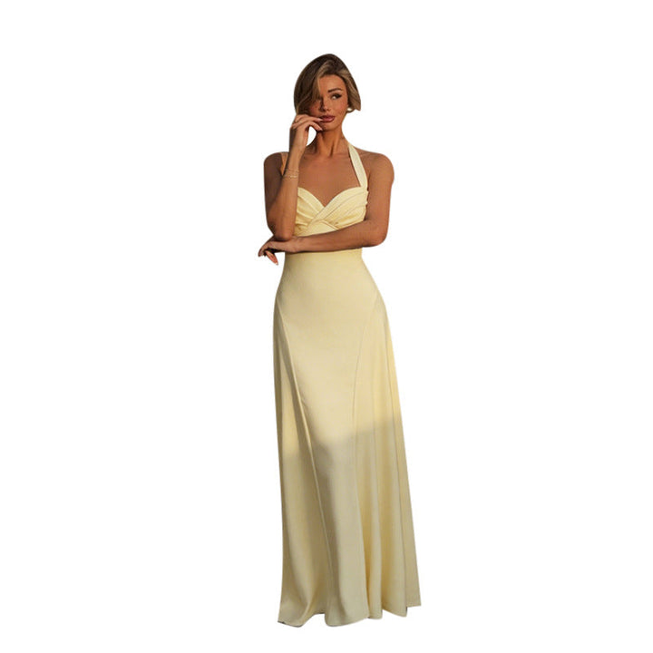 Damen elegantes Maxikleid mit Halter-Ausschnitt und fließendem Satin-Stoff Echoarchiv