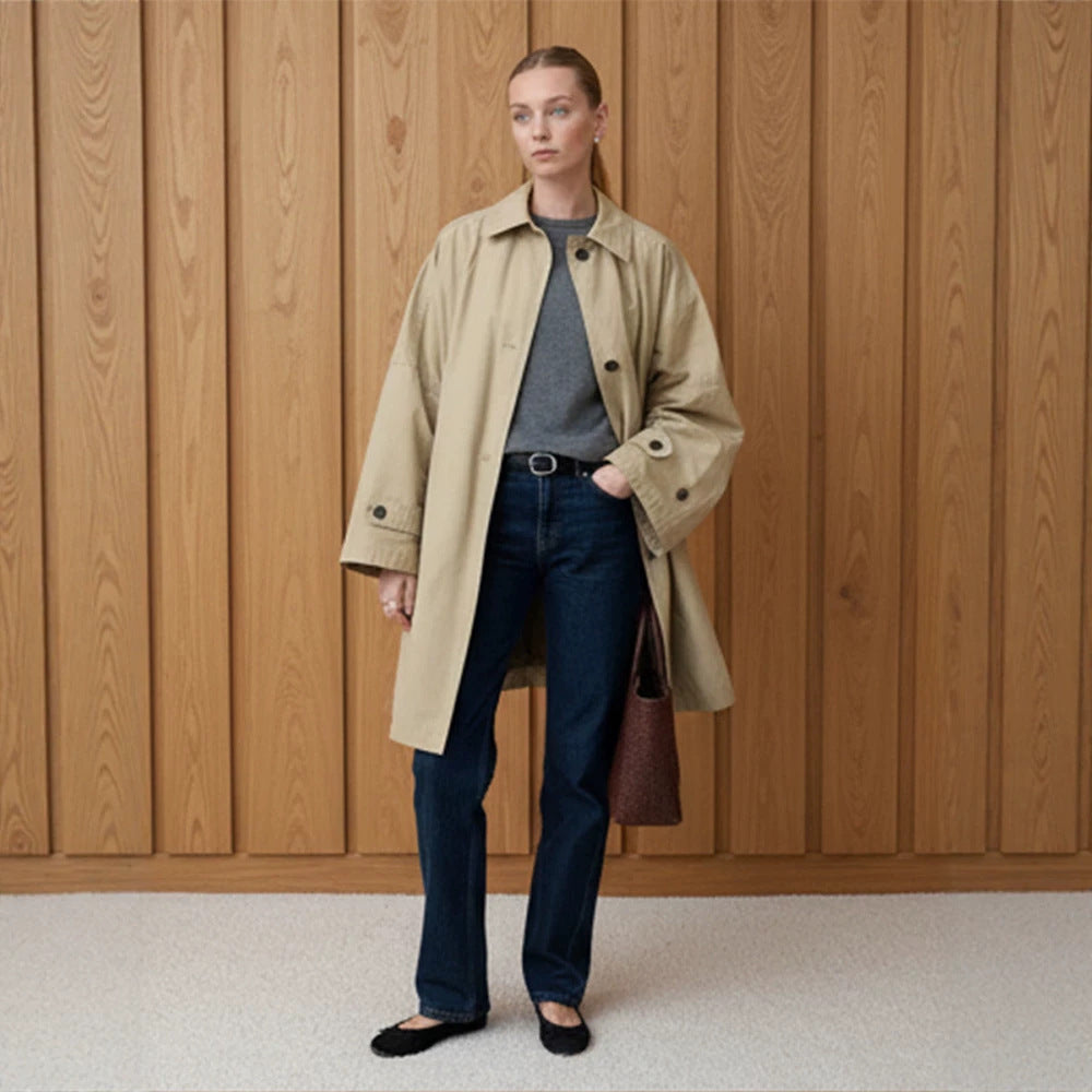 Damen Oversize Baumwoll-Mix Trenchcoat mit mittellangem, geradem Schnitt Echoarchiv