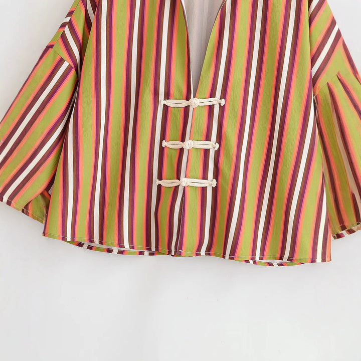 Damen Gestreifte Kimono‑Jacke mit kurzen Trompetenärmeln und dekorativen Knotenverschlüssen Echo Archiv