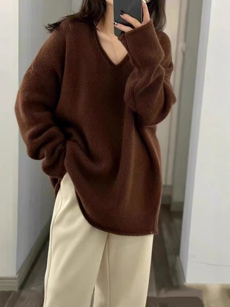 Damen Oversize V‑Ausschnitt Pullover im Mohair‑Look mit überschnittener Schulter und gerundetem Saum Echoarchiv