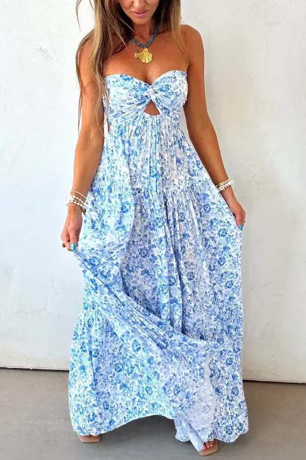 Damen nan trägerloses gedrehtes Bustier-Maxikleid mit Cut-out und mehrlagigem Stufenrock in leichter Crinkle-Qualität Echo Archiv