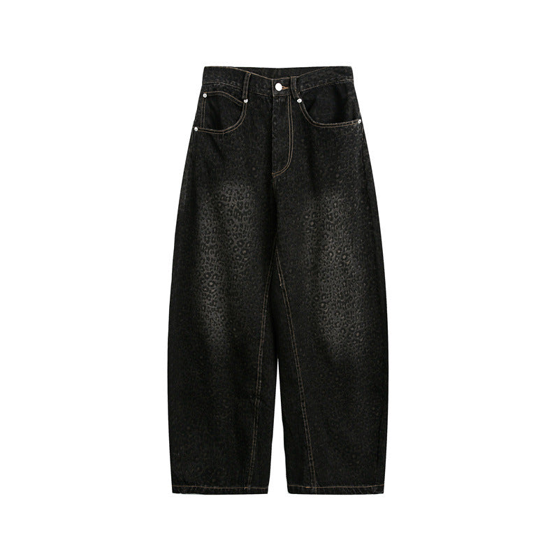 Damen Kurzgeschnittene Weite Jeans mit hoher Taille und Leopardenmuster Echoarchiv