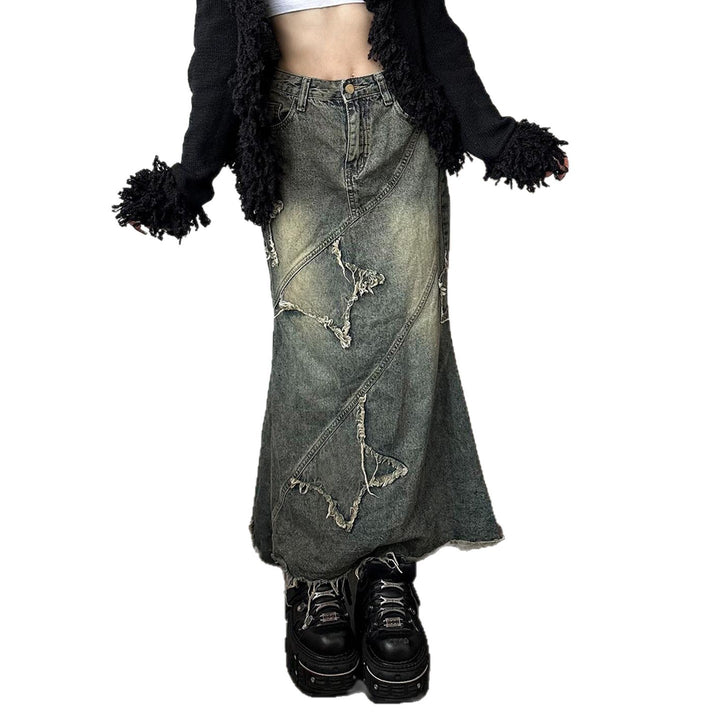 Damen nan vintage Denim-Maxirock mit ausgefransten Patches und diagonalen Ziernähten Echo Archiv