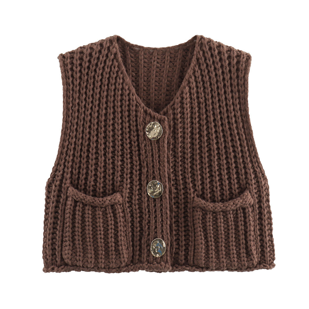 Damen Grobgestrickte Cropped Weste mit V-Ausschnitt und goldenen Zierknöpfen – Veloura