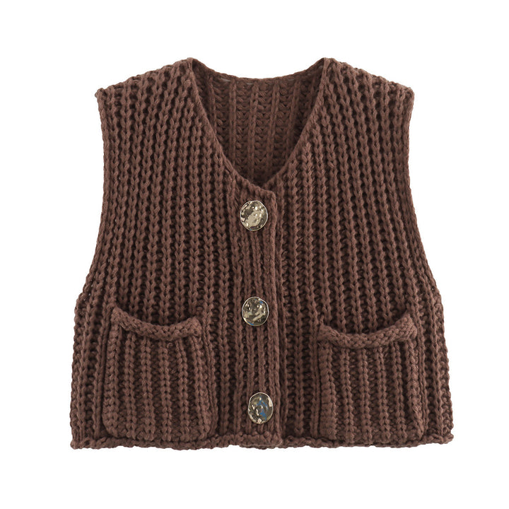 Damen Kurzgeschnittene Ärmellose Strickweste mit V-Ausschnitt und Zierknöpfen – Veloura